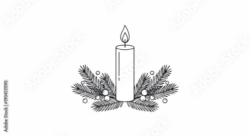 Black and white illustration of a lit candle surrounded by pine branches and ornaments on a plain background with a simple, festive design.