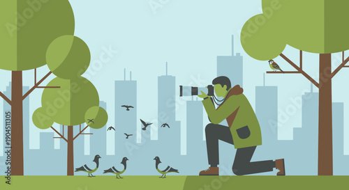 A parkside photographer capturing birds amid an urban skyline.