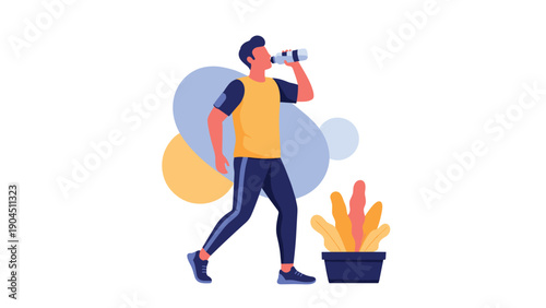 Active man wearing sportswear is drinking from a water bottle while running in a healthy lifestyle concept illustration.