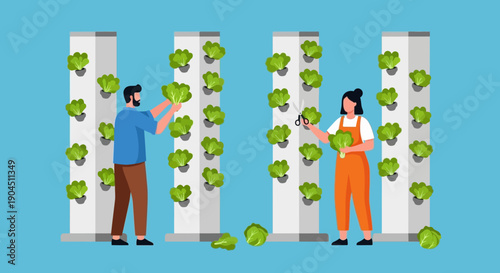 People standing by vertical farming towers with leafy plants in a bright greenhouse setting, showcasing modern indoor agriculture.