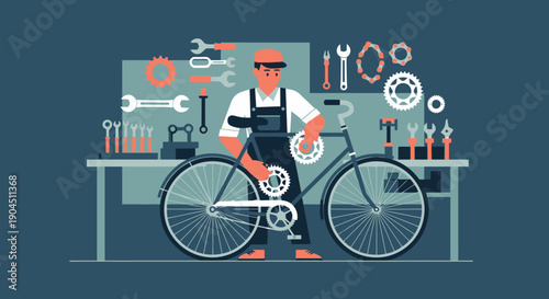 Skilled bicycle mechanic at a well equipped workshop performing repair and maintenance.