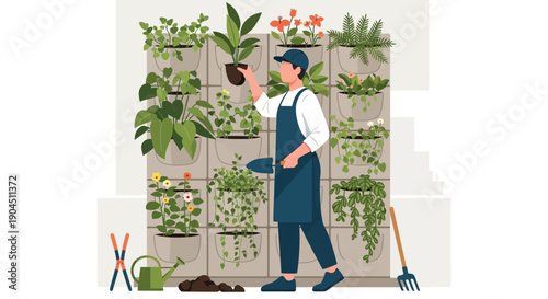 Gardener in a greenhouse tending diverse potted plants on shelves with tools and apron.