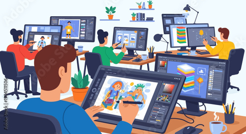 Collaborative technology workspace with multiple screens and devices across a busy office.