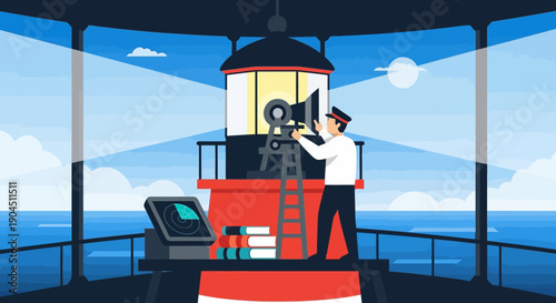 Captain at the Helm on a Seaside Deck by a Lighthouse with Harbor View.