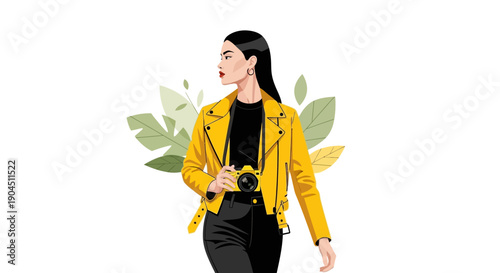 Portrait of a Woman Photographing with a Camera in a Bright Yellow Jacket.