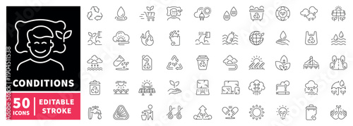 Environmental conditions editable line icons set. Climate and weather symbols