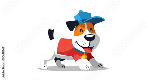 Cheerful Cartoon Dog in Colorful Outfit with Hat.