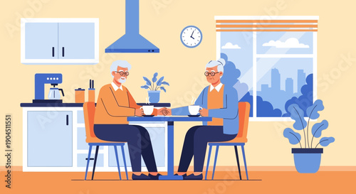 Cozy kitchen breakfast scene with two people sharing a meal at a sunny table.