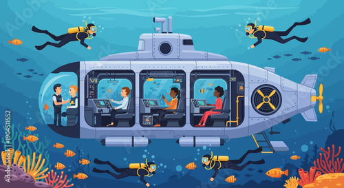 Underwater Submarine Tour with Divers and Passengers Exploring a Colorful Coral Reef Scene.