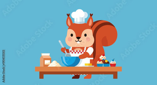 Playful cartoon squirrel as a chef preparing a colorful meal at a wooden table with ingredients and kitchenware.