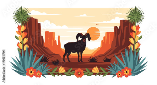 Desert canyon silhouette with ram framed by desert flora at sunset.