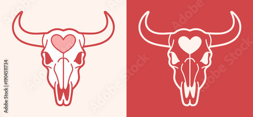 Bull skull with heart shape cow country cowgirl cowboy dark romance Valentine's Day drawing. Girly western wild west romantic theme retro vintage pink red preppy gothic aesthetic sticker design print.