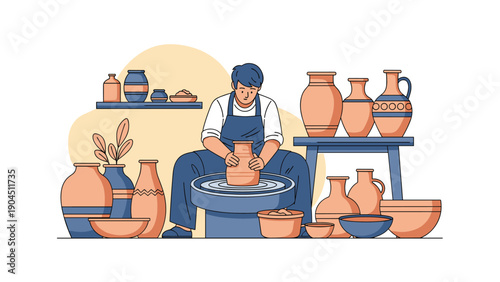 Skilled potter sitting at a pottery wheel and shaping a clay vase in a workshop surrounded by many finished ceramic pots and bowls.