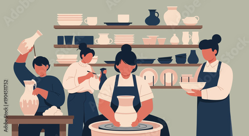 A lively pottery studio featuring artisans shaping clay on a wheel.