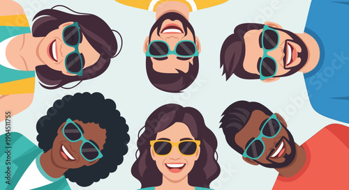 Diverse group of friends smiling in a circular pose, looking down toward the camera with joyful expressions.