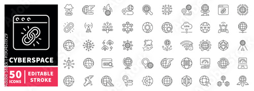Cyberspace editable line icons set: linear design for digital network and vpn