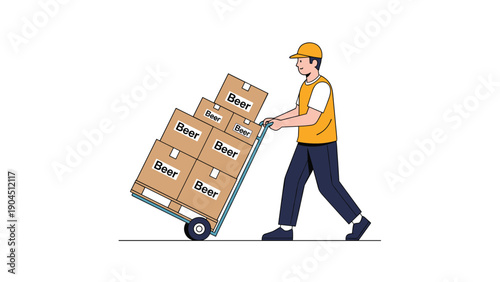 Delivery worker in a yellow safety vest pushing a heavy hand truck loaded with multiple cardboard boxes labeled as beer.
