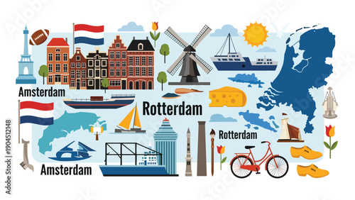 Colorful collage of Dutch culture and travel symbols including Amsterdam cityscapes, windmills, tulips, cheese, and clogs.