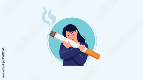 Smoking addiction awareness concept featuring a young woman embracing a giant lit cigarette against a blue circular background.
