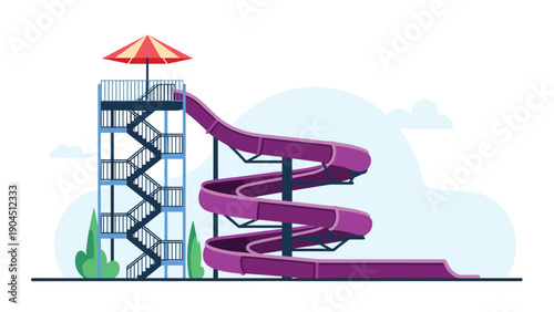 Large spiraling purple water slide at a modern water park with a tall platform and stairs under a clear blue sky.
