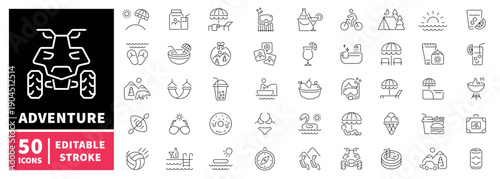 Adventure editable line icons set: travel, vacation outlines for summer fun