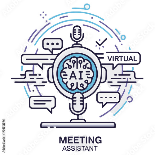 AI Meeting Assistant Concept Illustration featuring a digital brain and microphone icons representing smart virtual communication, automated transcription, and intelligent business tools.