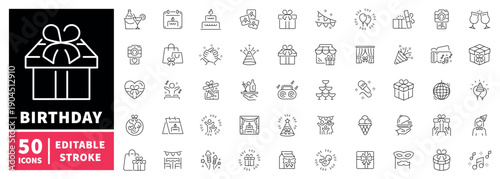 Birthday editable line icons set: celebration and party graphics
