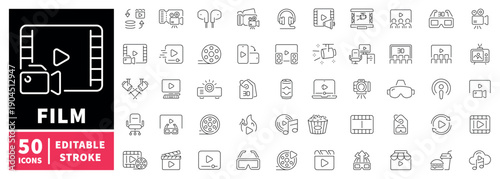 Film and cinema editable line icons set. Movie and media symbols