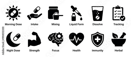Set of black glyph icons representing supplement intake, health benefits, and dosage instructions like morning dose, strength, immunity, focus, and herbal remedies for wellness