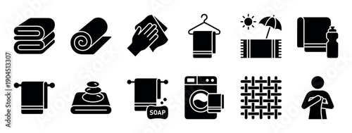 Towel and hygiene related black glyph icons set illustrating various uses like spa, beach, gym, and bathroom care with minimalist symbols for laundry, cleaning, and drying