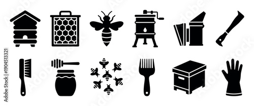 Beekeeping and honey production black glyph icons set featuring a beehive, honeycomb, bee, smoker, extractor, and other apiary equipment for beekeepers in a minimalist vector style