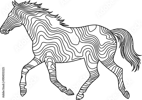 Topographic Line Art Horse: Abstract Wavy Contour Vector.