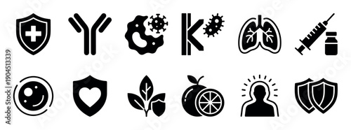 Black solid icons collection for immune system concepts showing antibody, vaccine, virus, lungs, shield, and cell protection symbols for medical and health design elements
