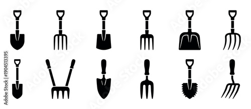 Collection of black silhouette gardening tool icons featuring various shovels, spades, and pitchforks in a simple, minimalist vector graphic style for agriculture or farming concepts
