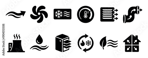 Set of black solid glyph icons representing heating, ventilation, and air conditioning systems with symbols for airflow, temperature, humidity, and filtration for user interface design