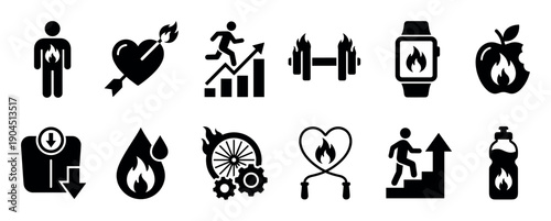 Collection of black fitness icons symbolizing calorie burning, intense workouts, weight loss, metabolism, and a healthy active lifestyle in a minimalist glyph style