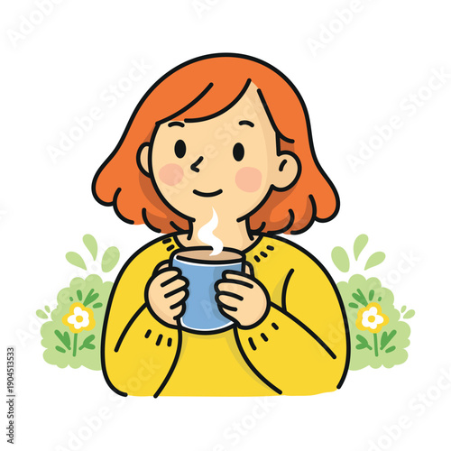 Cozy Spring Lifestyle Series – Woman holding hot drink, hand drawn spring illustration