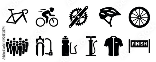 Collection of black glyph icons for cycling featuring a bicycle, rider, helmet, wheel, pump, jersey, team, and finish line for sport and recreation concepts
