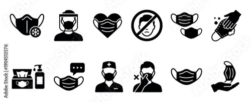 Black glyph icons set of medical face masks, hygiene, and personal protective equipment for disease prevention, including doctor, sanitizer, and safety signs in a simple vector style