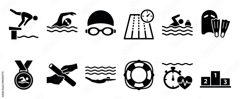Fototapeta premium Black swimming and water sports icon set showing various activities like diving, racing, and water polo with equipment like goggles, fins, and a lifebuoy for competition and recreation