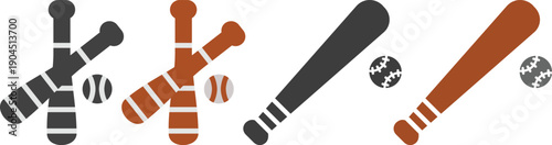 Baseball icon set collection group with crossed bats, ball, player swing symbols, sport team equipment emblems, vintage badge style isolated on white background vector.