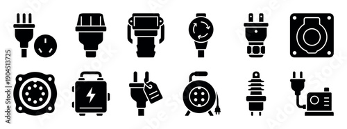 Twelve black electrical plug and socket icons representing various power connectors, adapters, extension reels, and supply units in a simple solid glyph pictogram style