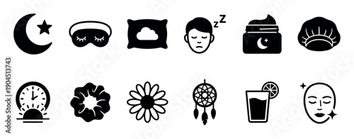 Collection of black glyph icons representing a healthy sleep routine, including a moon, pillow, sleep mask, night cream, and dreamcatcher for relaxation and self-care