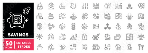 Savings editable line icons set. Financial and money symbols