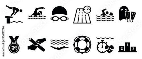 Black swimming and water sports icon set showing various activities like diving, racing, and water polo with equipment like goggles, fins, and a lifebuoy for competition and recreation