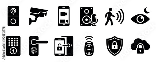 Set of black home security icons for smart home automation, including a camera, lock, sensor, and remote control symbols for digital safety and surveillance systems