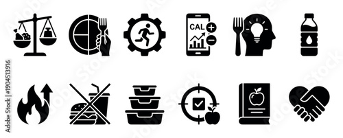 Set of black glyph icons representing diet, nutrition, and a healthy lifestyle, including symbols for calorie counting, exercise, meal prep, mindful eating, and weight management