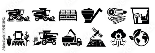 Set of black agriculture technology icons showing combine harvesters, grain processing, satellite navigation, and smart farming concepts in a minimalist glyph style for infographics