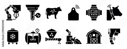 Black glyph icons for smart dairy farming showing robotic milking, cow health monitoring, automated feeding, and livestock management technology in a minimalist collection