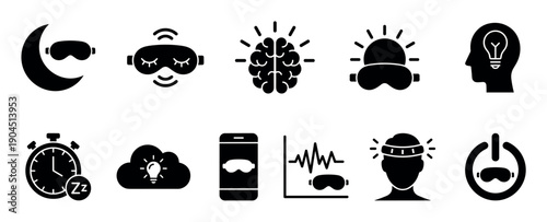 Set of black glyph icons for sleep tracking and dream analysis concepts, including a brain, sleep mask, moon, timer, and smartphone, presented in a clean, minimalist vector style